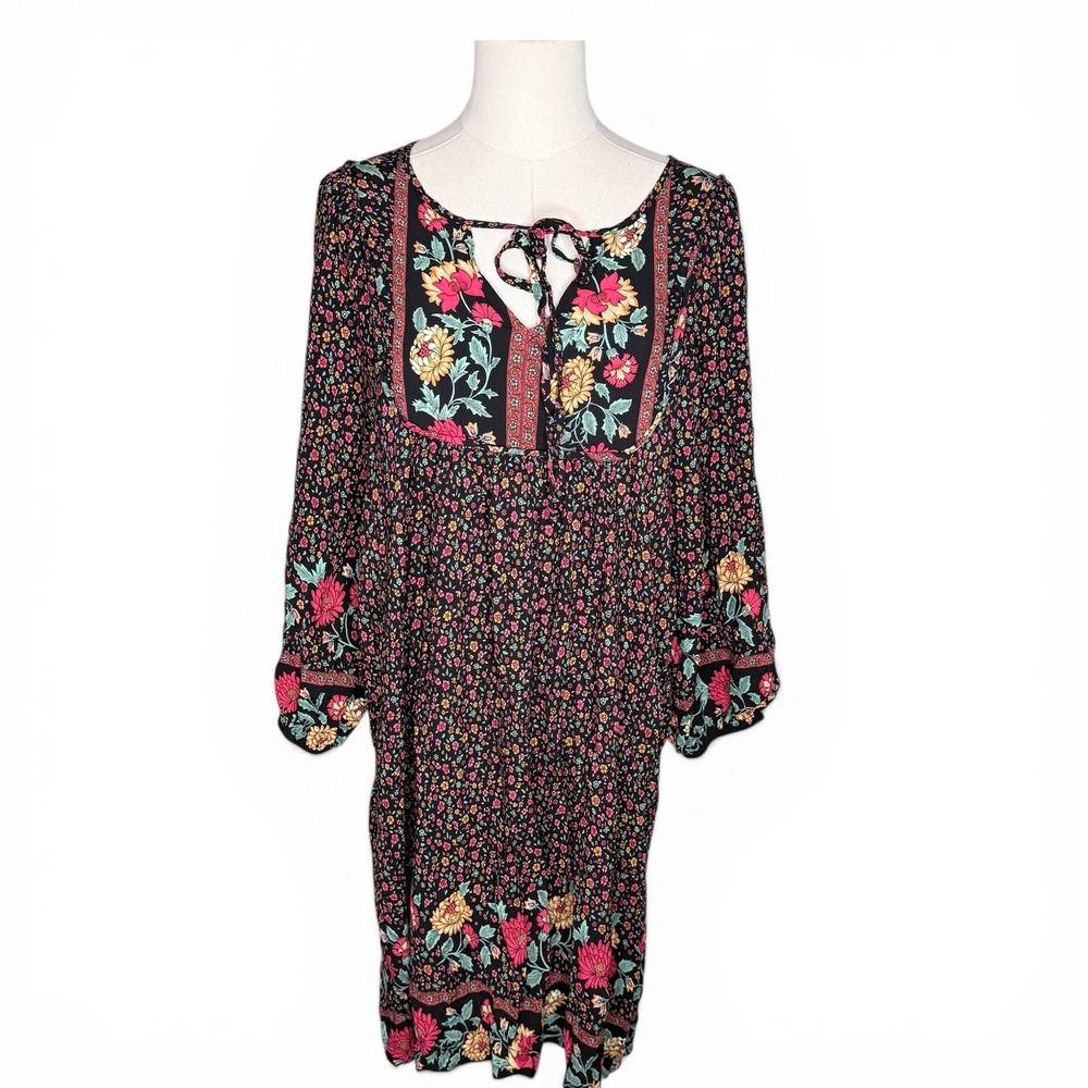 Qearal Womens Black Floral Boho Tie Neck Balloon Sleeve Mini‎ Shift Dress L